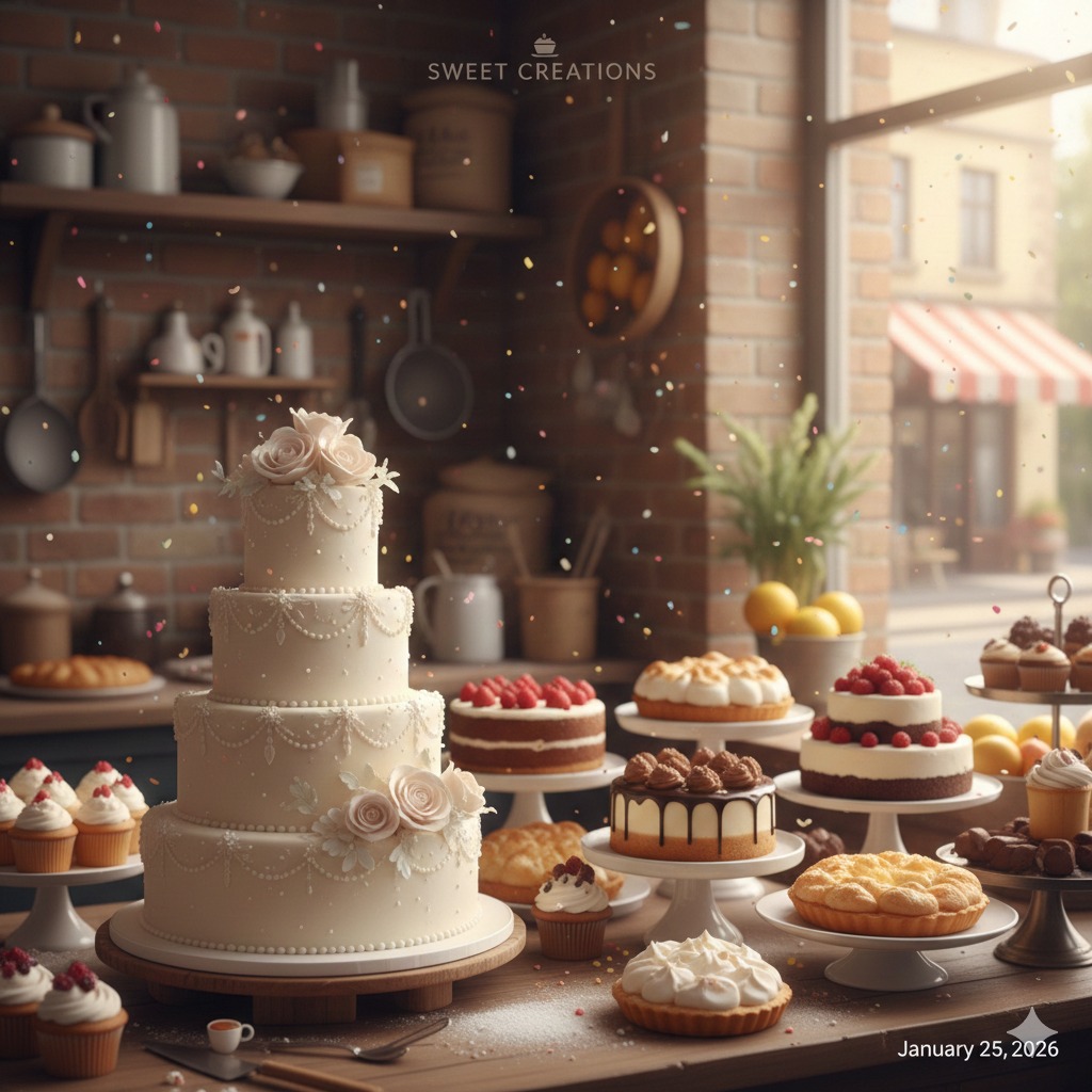Assorted freshly baked artisan breads and pastries displayed on rustic wooden table with flour dusting